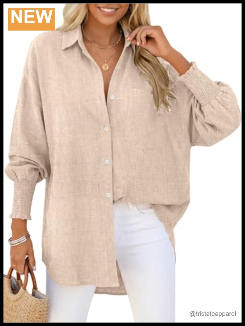 Oversized Linen Blend Button Down Long Sleeve Blouse